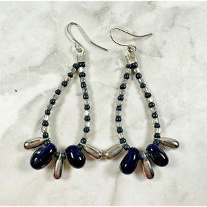 Silver Tone & Deep Blue Glass Bead Dangle Earrings - 2 1/2"